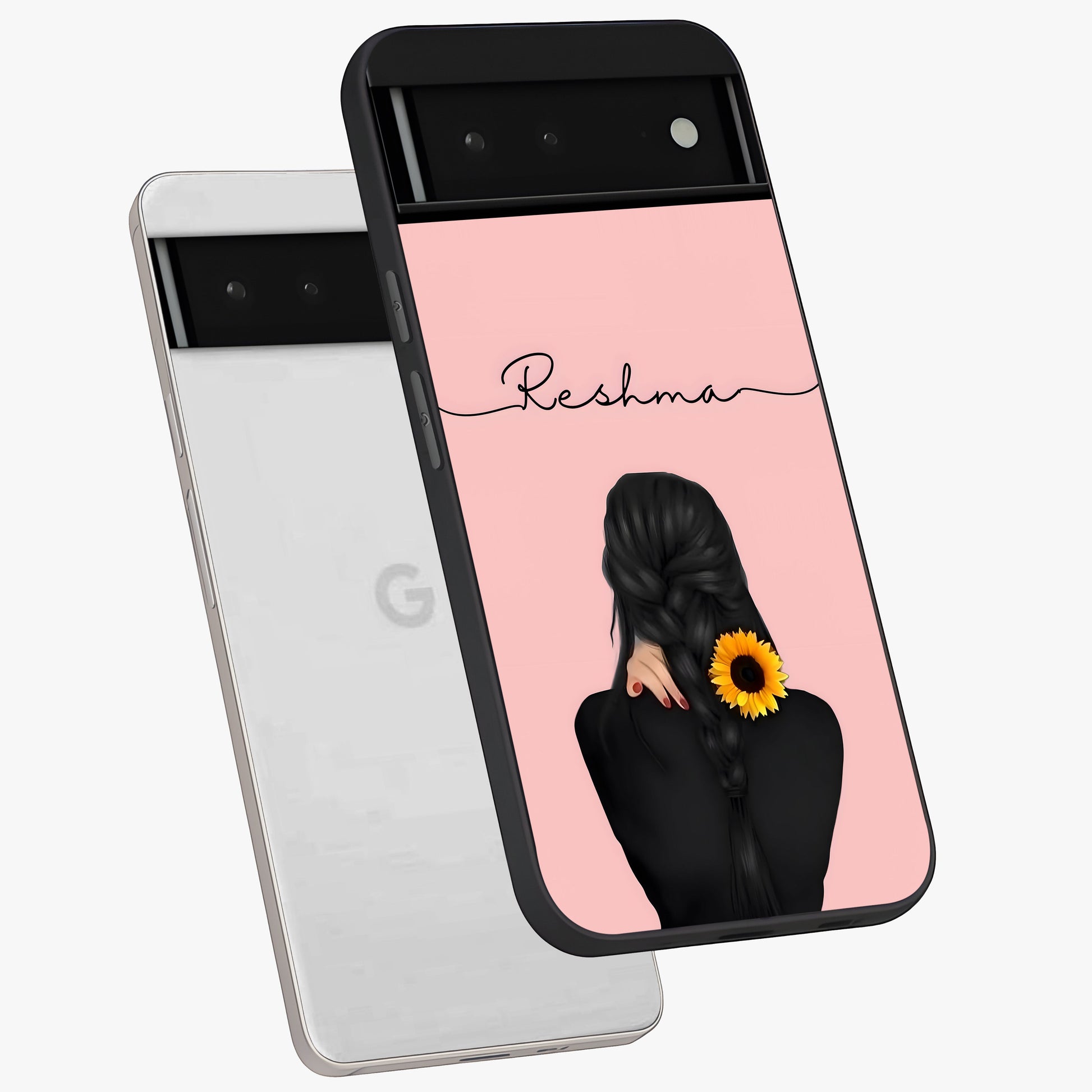 Sunflower Braid Beauty With Custom Name Glass Case displayed in angled mockup highlighting elegant sunflower design with custom name feature.