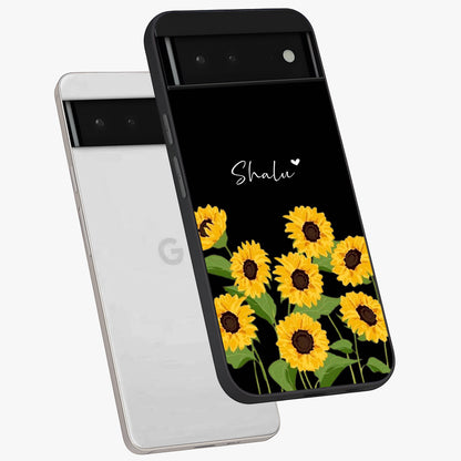 Sunflower Chic Mood Custom Name Glass Case displayed in angled mockup highlighting vibrant sunflower design with custom name feature.