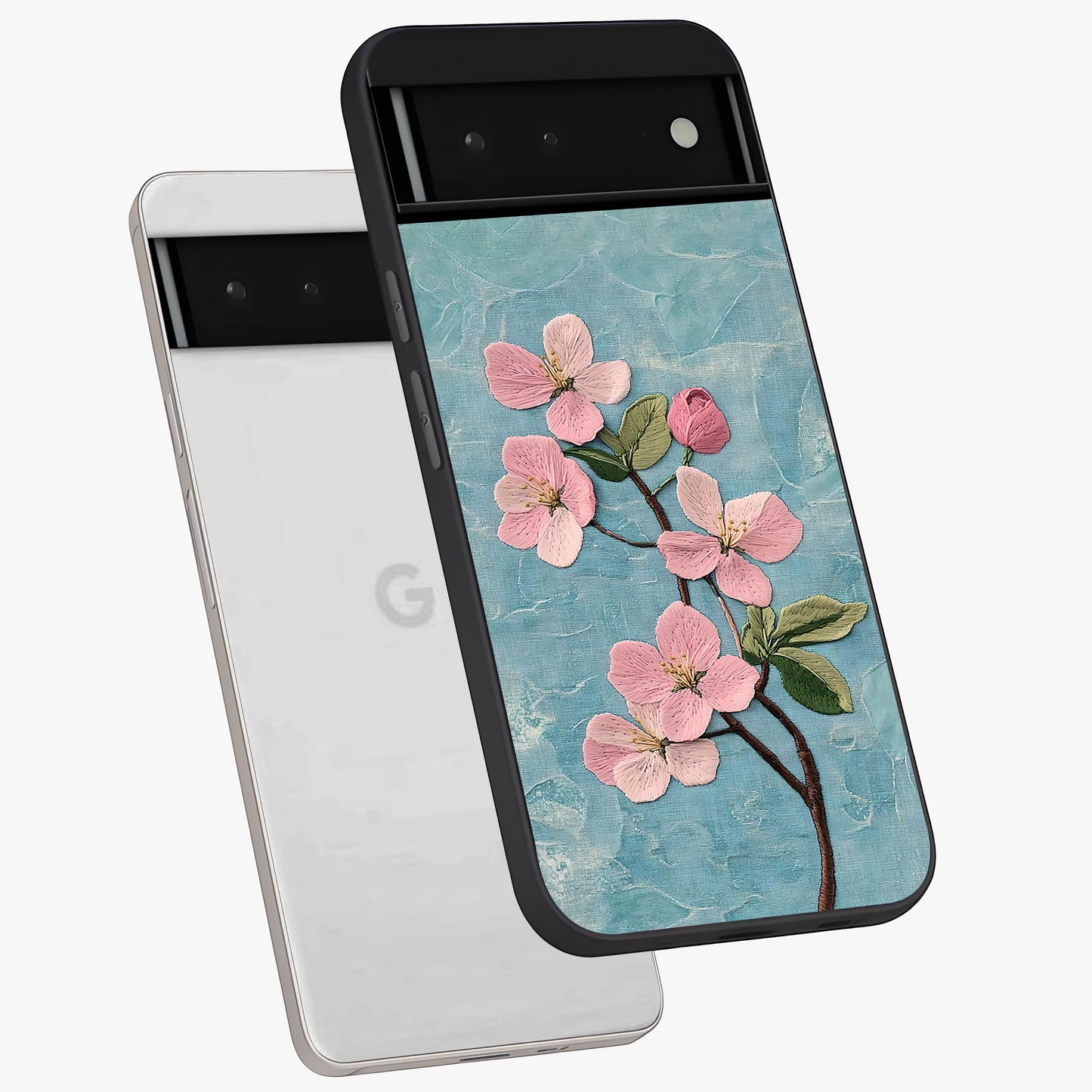 Threaded Blossom Breeze Glass Case displayed in angled mockup highlighting elegant floral design with soft aesthetic style.