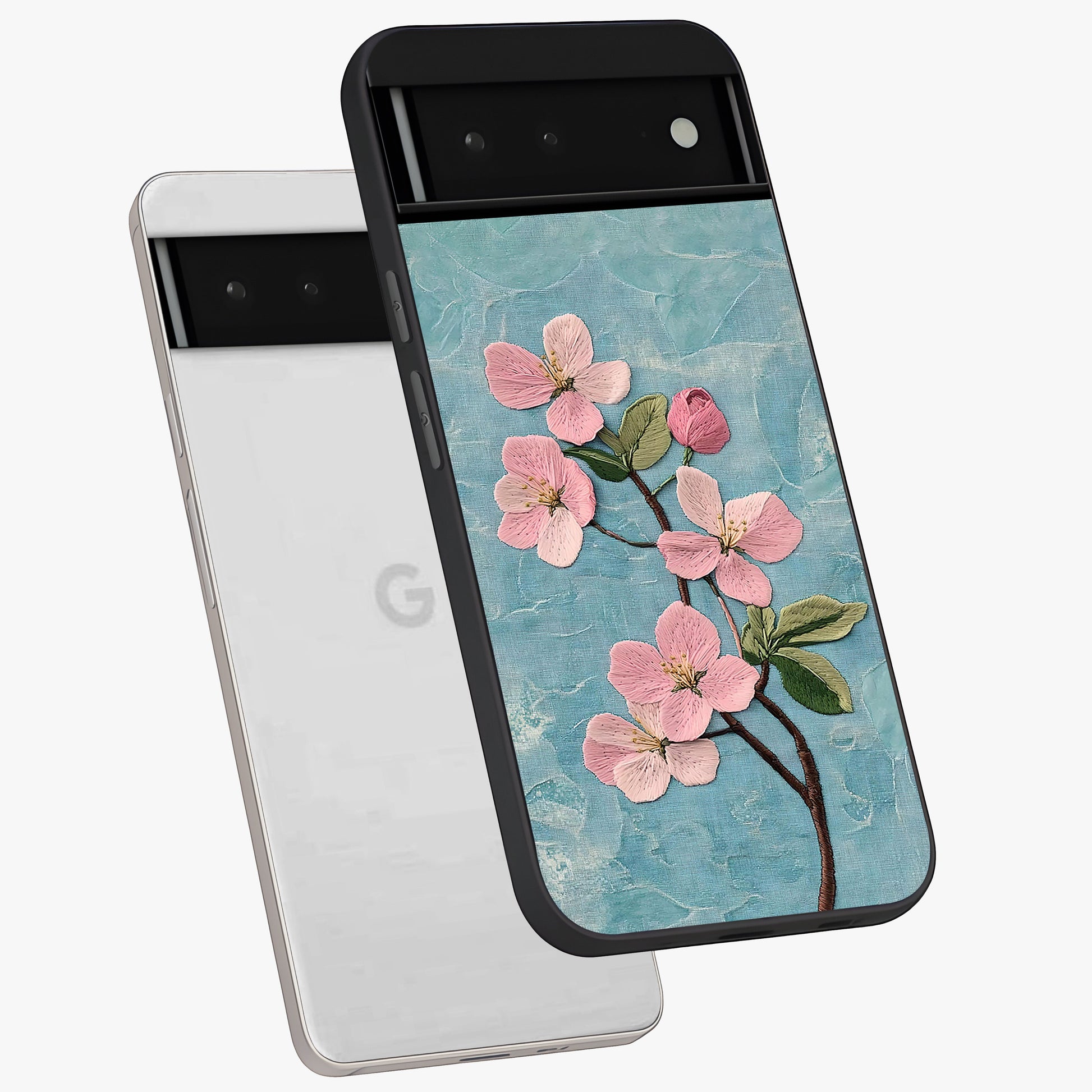 Threaded Blossom Breeze Glass Case displayed in angled mockup highlighting elegant floral design with soft aesthetic style.