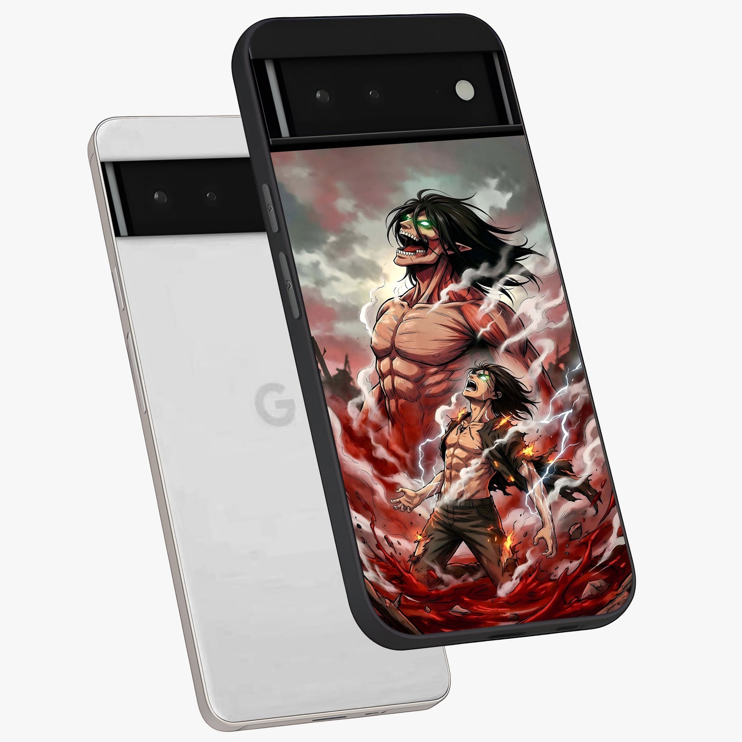 Titan Awakening Fury Glass Case displayed in angled mockup highlighting dramatic giant warrior design with bold anime aesthetic.