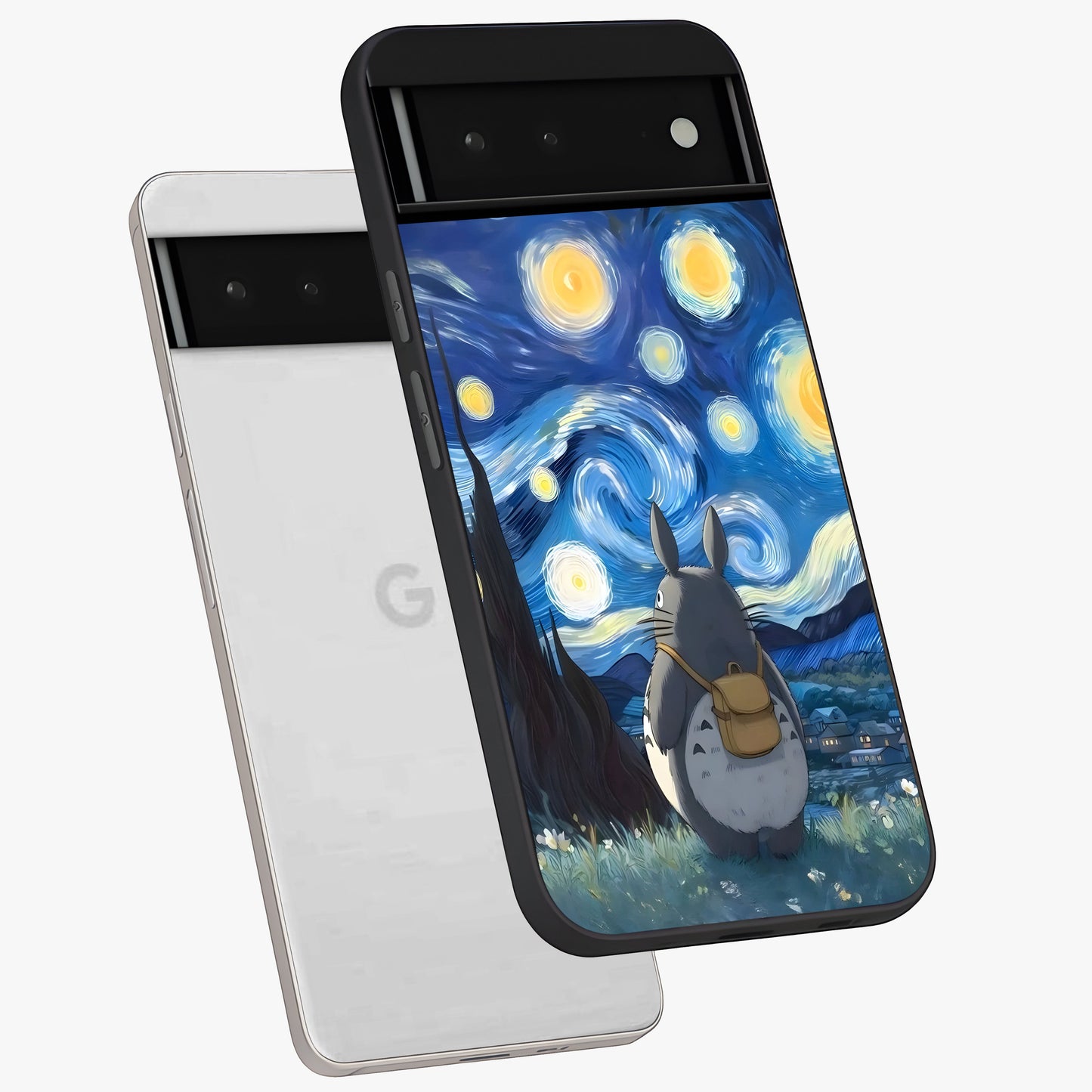Totoro In Van Gogh Art Glass Case displayed in angled mockup highlighting artistic swirling sky design with playful animation aesthetic.