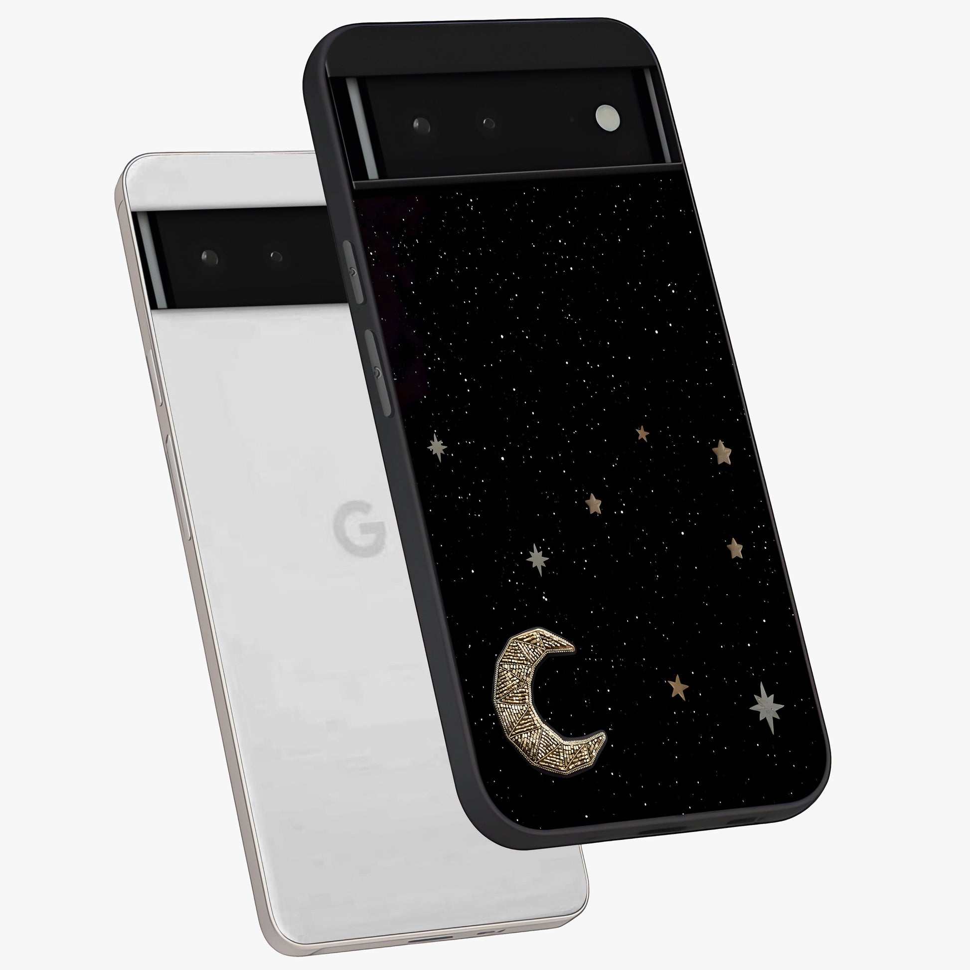 Twinkle Star With Half Moon Glass Case displayed in angled mockup highlighting celestial moon and star design with magical aesthetic.