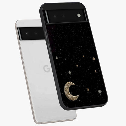 Twinkle Star With Half Moon Glass Case displayed in angled mockup highlighting celestial moon and star design with magical aesthetic.