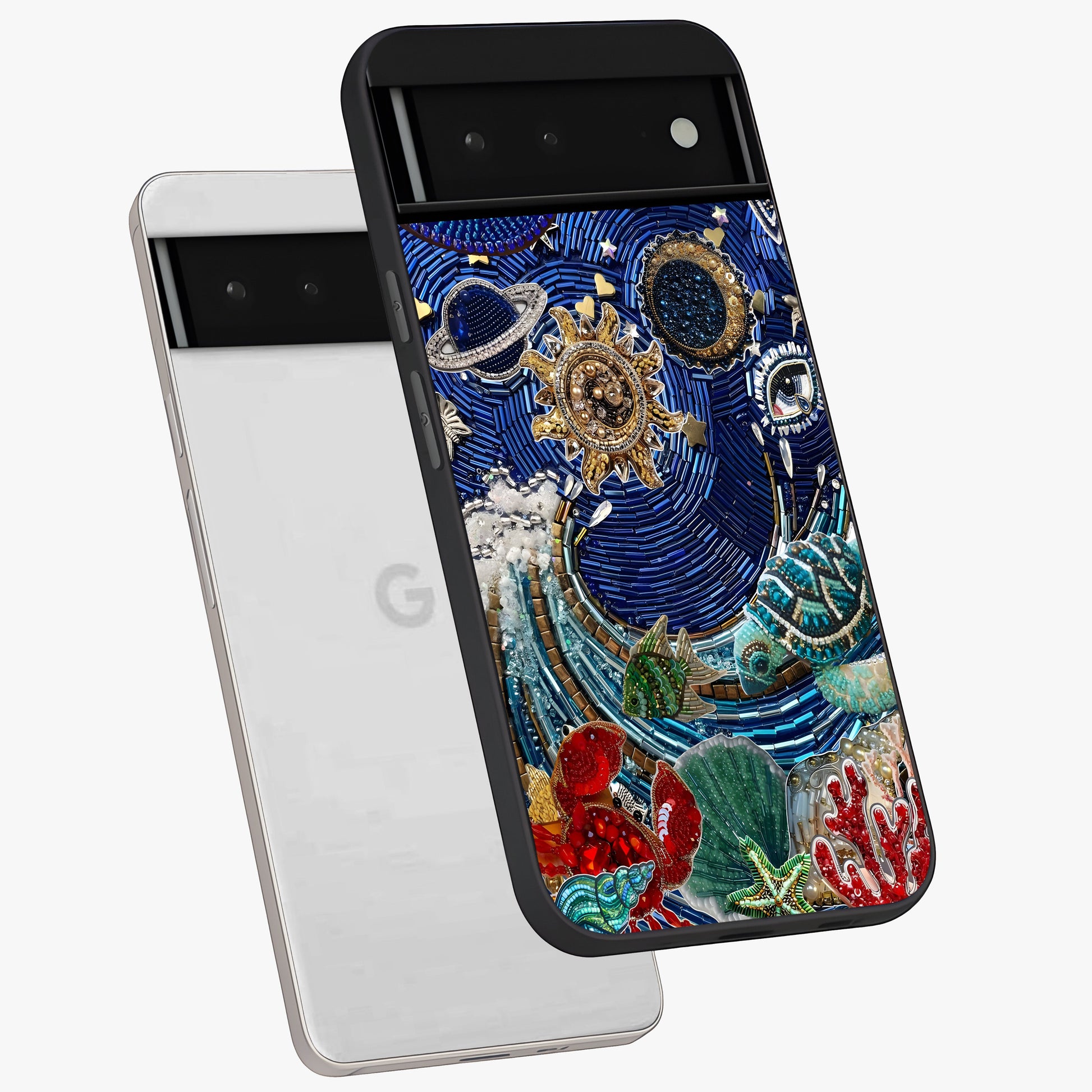 Universe Underwater Spark Glass Case displayed in angled mockup highlighting glowing aquatic design with celestial aesthetic.