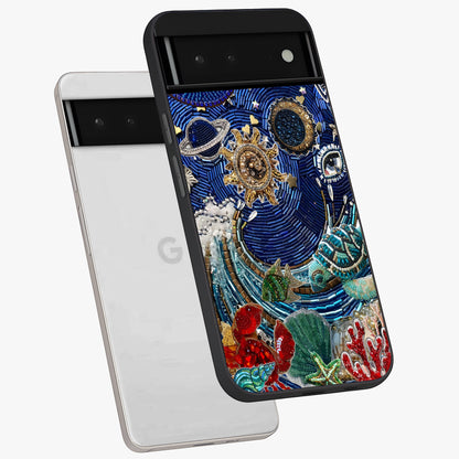 Universe Underwater Spark Glass Case displayed in angled mockup highlighting glowing aquatic design with celestial aesthetic.