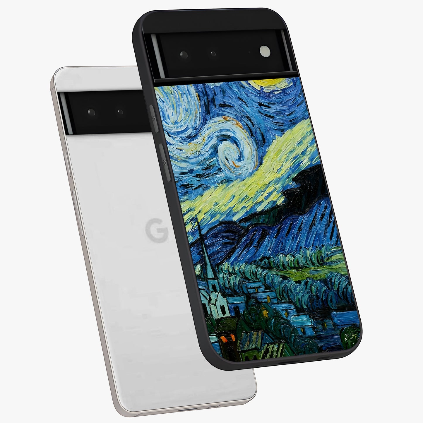 Van Gogh Art Glass Case displayed in angled mockup highlighting swirling brushstroke design with artistic aesthetic.