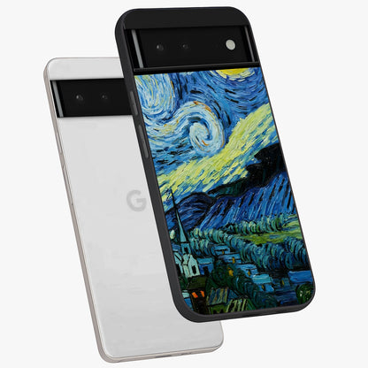 Van Gogh Art Glass Case displayed in angled mockup highlighting swirling brushstroke design with artistic aesthetic.