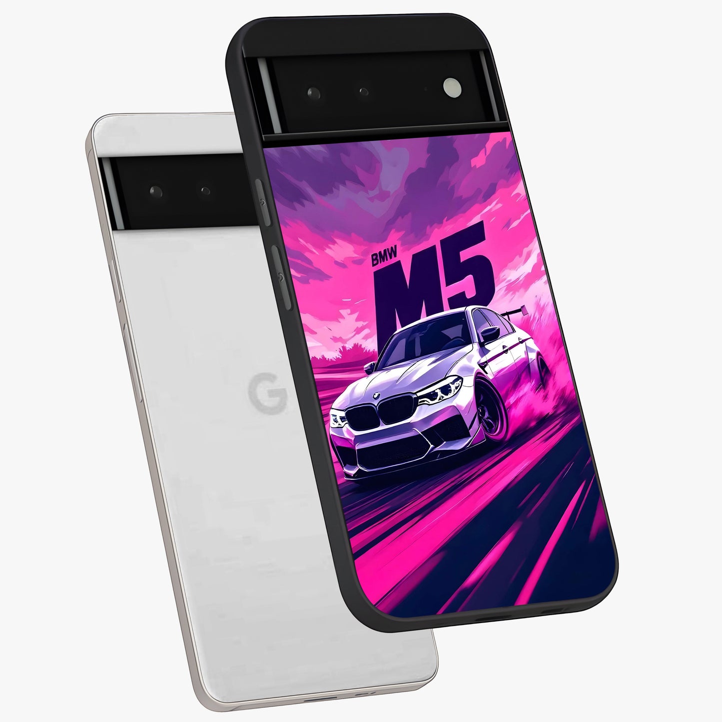 Velocity Drift Pulse Glass Case displayed in angled mockup highlighting dynamic drift design with sporty automotive aesthetic.