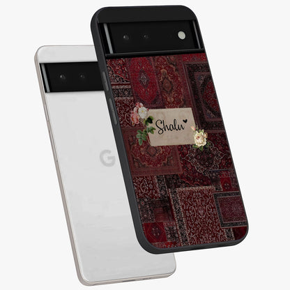 Velvet Wine Pattern Custom Name Glass Case displayed in angled mockup highlighting decorative velvet inspired design with custom name feature.