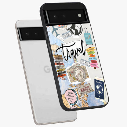 Wanderlust Journal Glass Case displayed in angled mockup highlighting adventure themed design with aesthetic travel vibe.