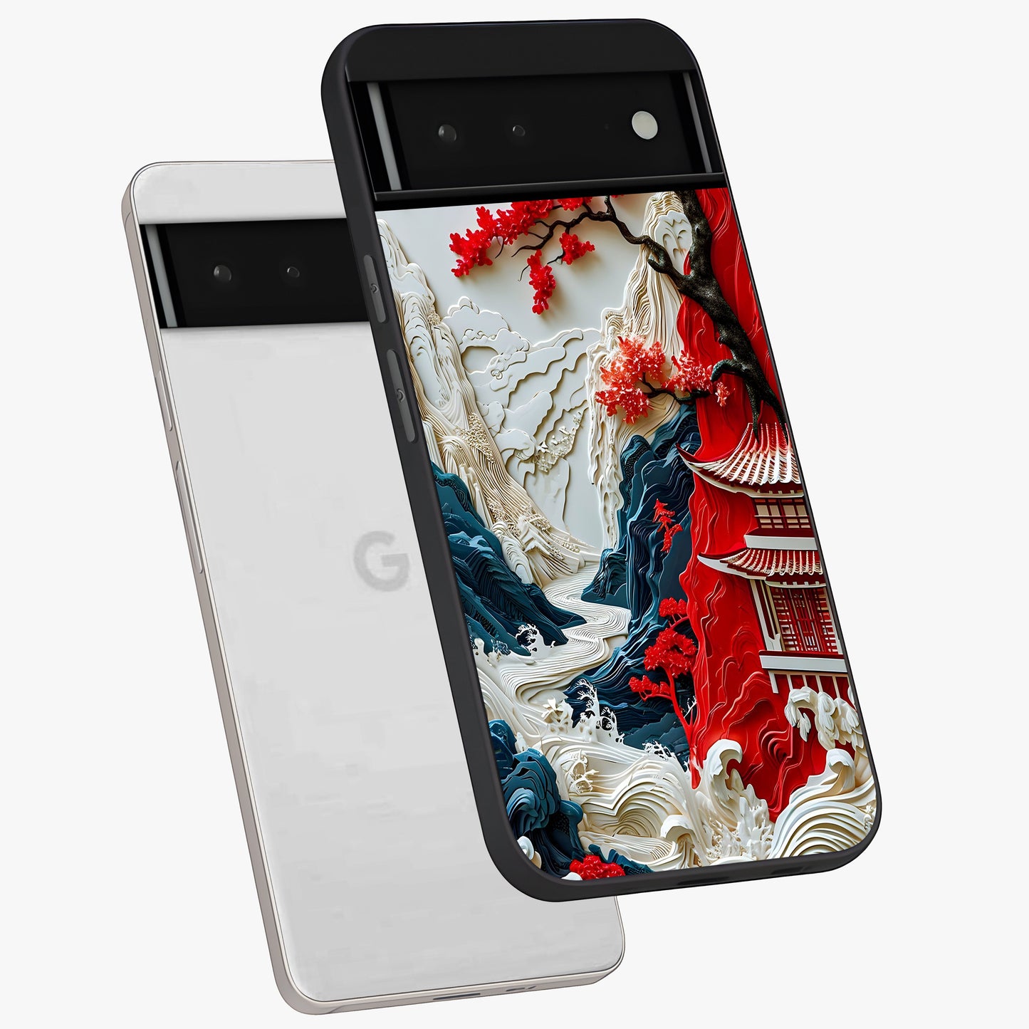 Whispers Of Sakura Waves Glass Case displayed in angled mockup highlighting flowing sakura design with soft floral aesthetic.