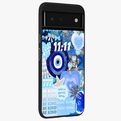 Aesthetic Be Kind Eye Glass Case upright view showcasing stylish eye illustration with positive message theme.