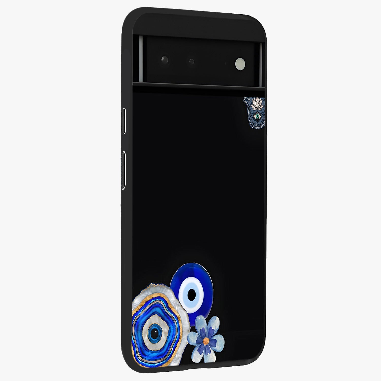 Aesthetic Blue Evil Eye Glass Case upright view showcasing mystical evil eye graphic with minimal aesthetic style.