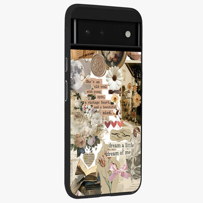 Aesthetic Brown Vintage Collage Glass Case upright view showcasing nostalgic retro artwork with stylish vintage theme.