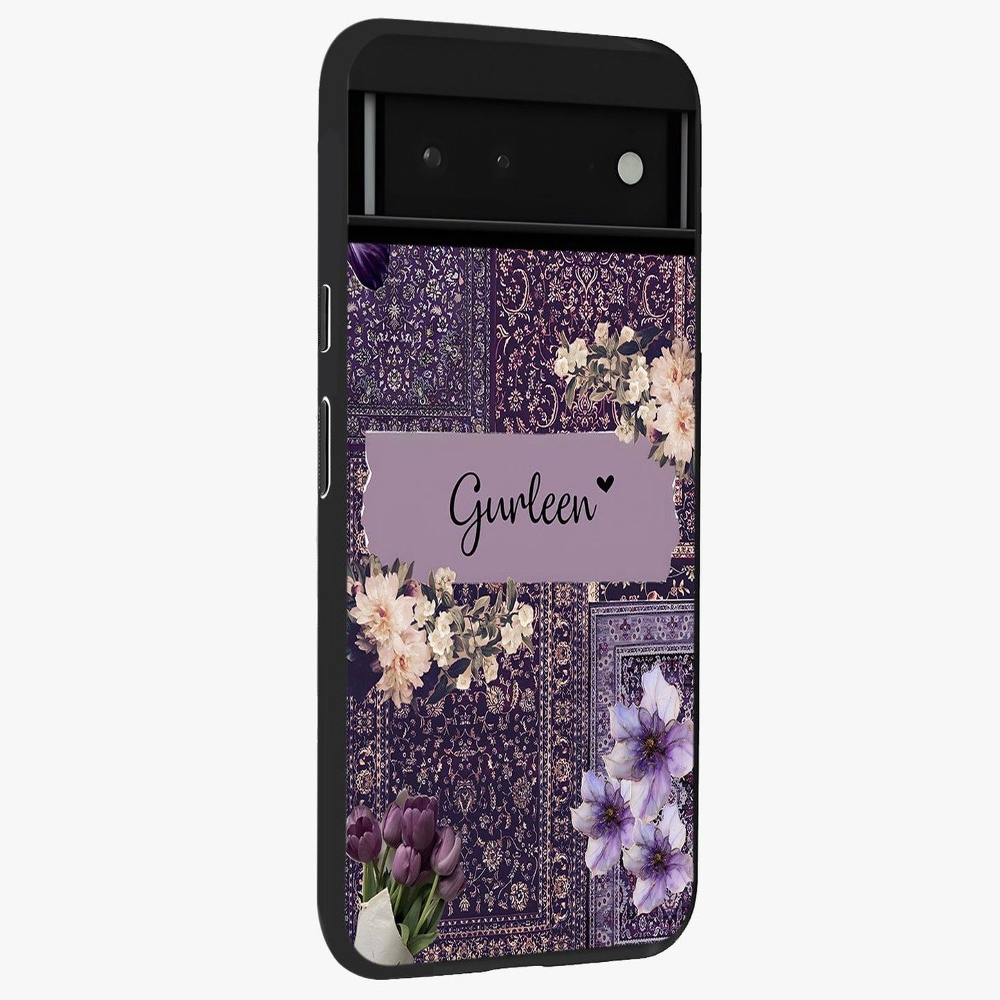 Antique Floral Whisper Custom Name Glass Case upright view showcasing delicate floral artwork with custom name feature.