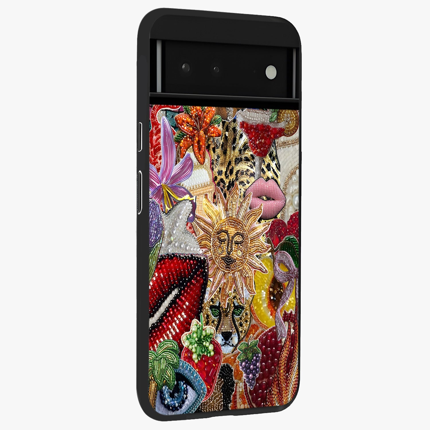 Beaded Fashion Jungle Glass Case upright view showcasing tropical jungle aesthetic with decorative bead elements.
