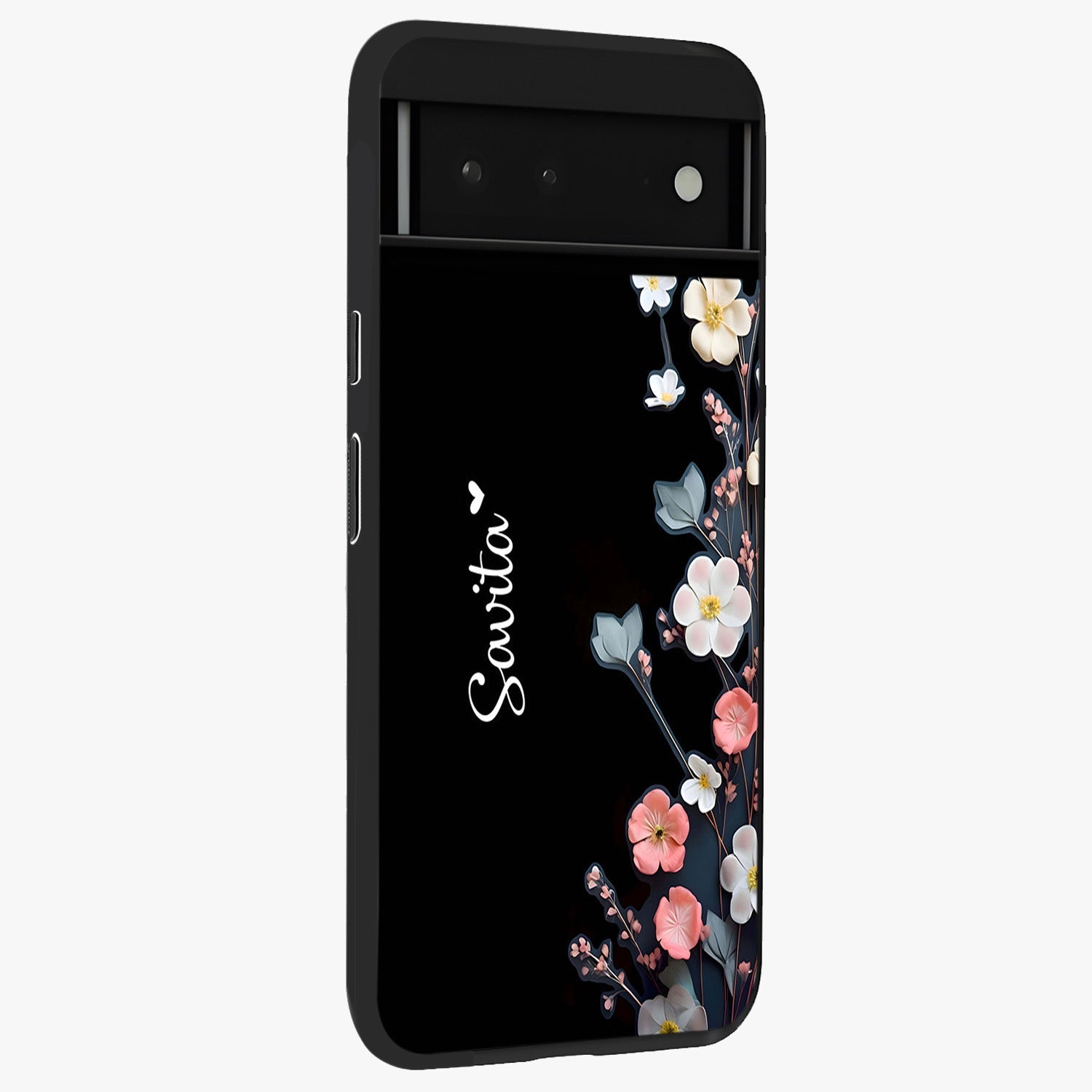 Black Elegance Floral Custom Name Glass Case upright view showcasing luxurious black floral design with personalized name detail.