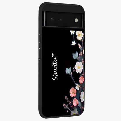Black Elegance Floral Custom Name Glass Case upright view showcasing luxurious black floral design with personalized name detail.