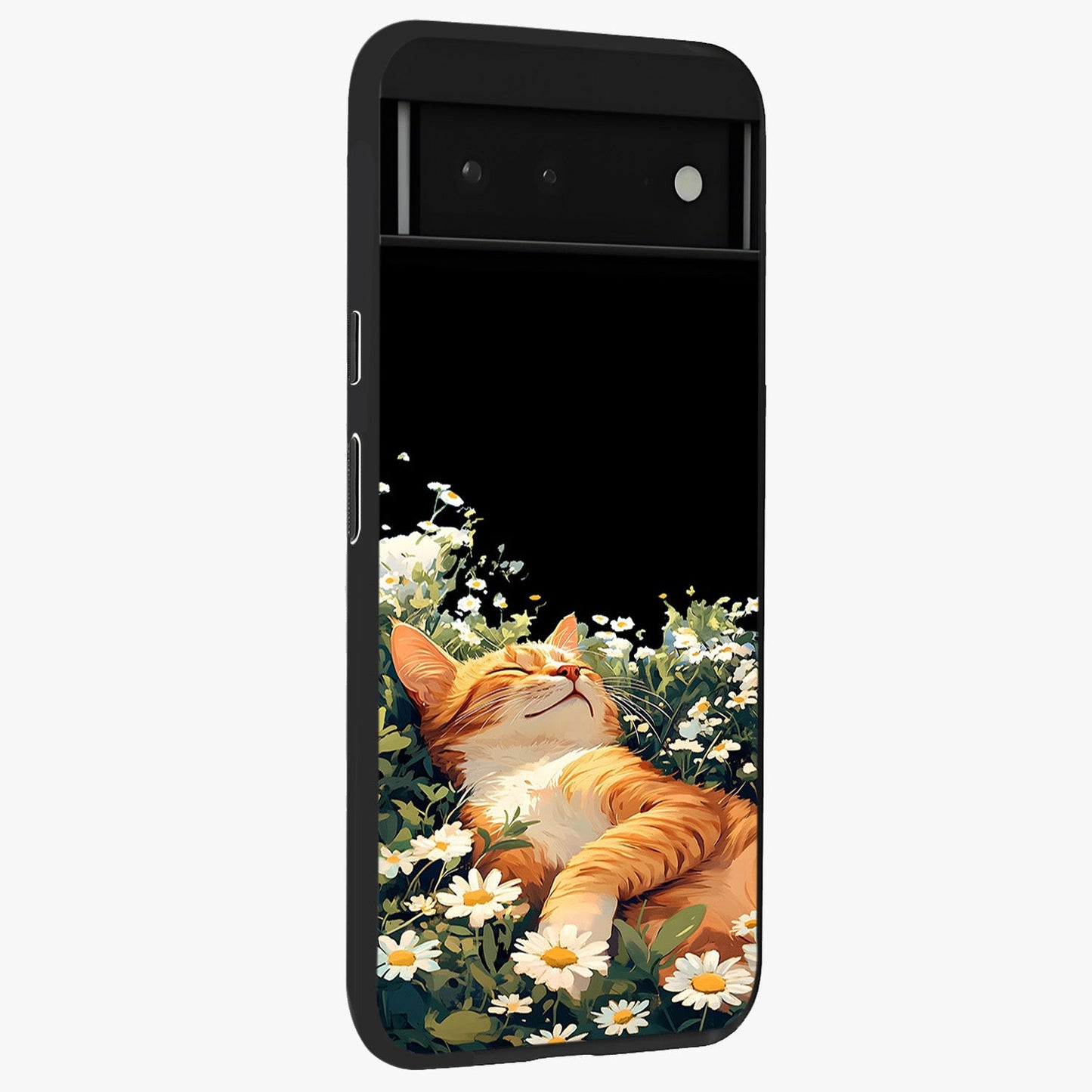 Blissful Bloom Cat Glass Case upright view showcasing charming cat design surrounded by blooming floral elements.
