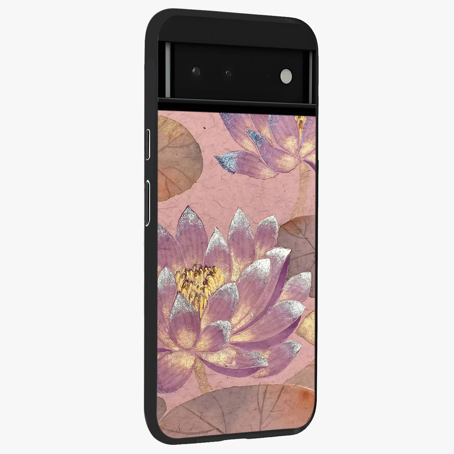 Blossom Mist Lotus Glass Case upright view showcasing graceful lotus flower design with peaceful botanical style.