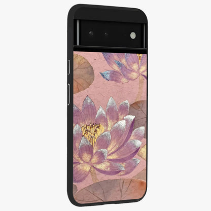 Blossom Mist Lotus Glass Case upright view showcasing graceful lotus flower design with peaceful botanical style.