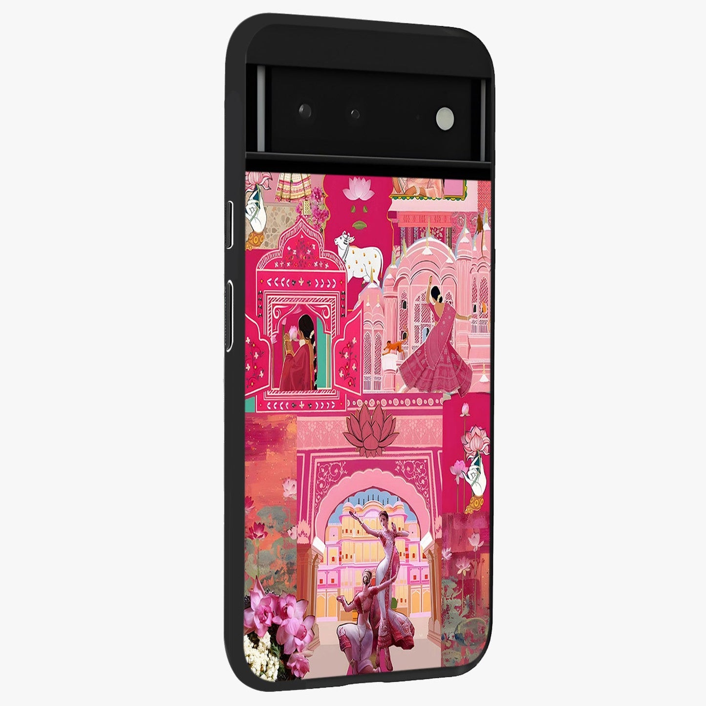 Blossoms of Rajasthan Glass Case upright view showcasing colorful floral design inspired by traditional Indian art.