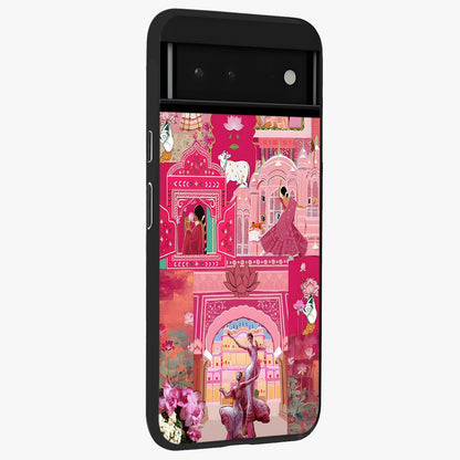 Blossoms of Rajasthan Glass Case upright view showcasing colorful floral design inspired by traditional Indian art.