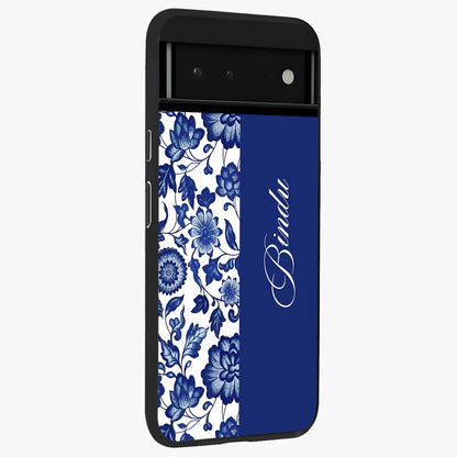 Blue Vintage Floral Pattern Glass Case upright view showcasing delicate blush floral texture with modern minimal style.