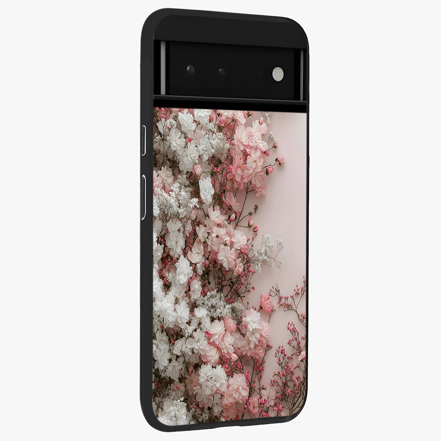 Blush Blossom Cloud Glass Case upright view showcasing calm floral cloud artwork with gentle dreamy theme.