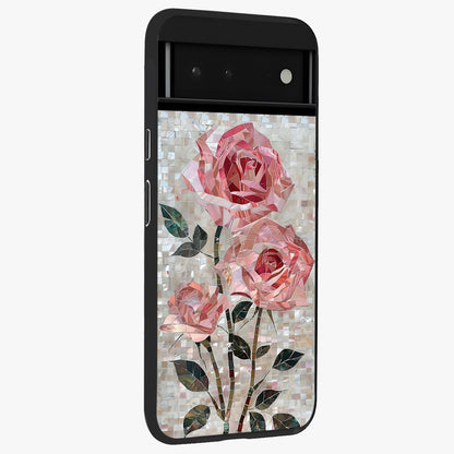 Blush Mosaic Bloom Glass Case upright view showcasing decorative floral mosaic artwork with stylish modern aesthetic.