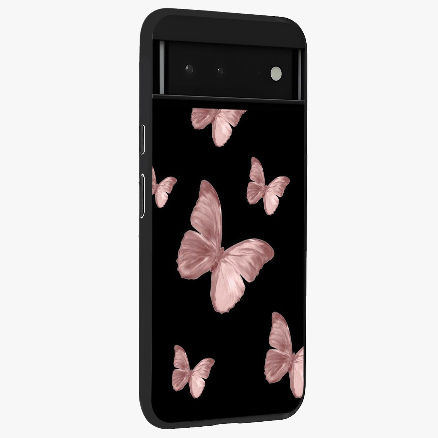 Butterfly Pattern Glass Case upright view showcasing graceful butterfly artwork with soft decorative theme.