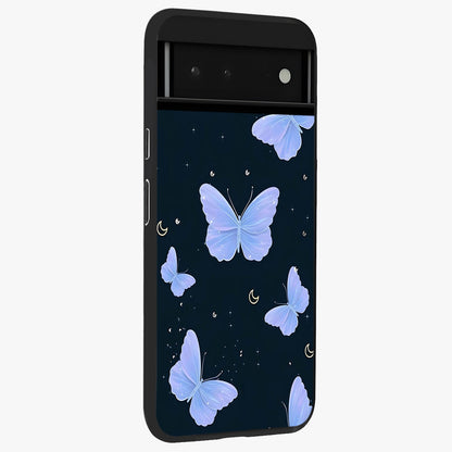 Butterfly With Stars Pattern Glass Case upright view showcasing celestial butterfly artwork with sparkling star elements.