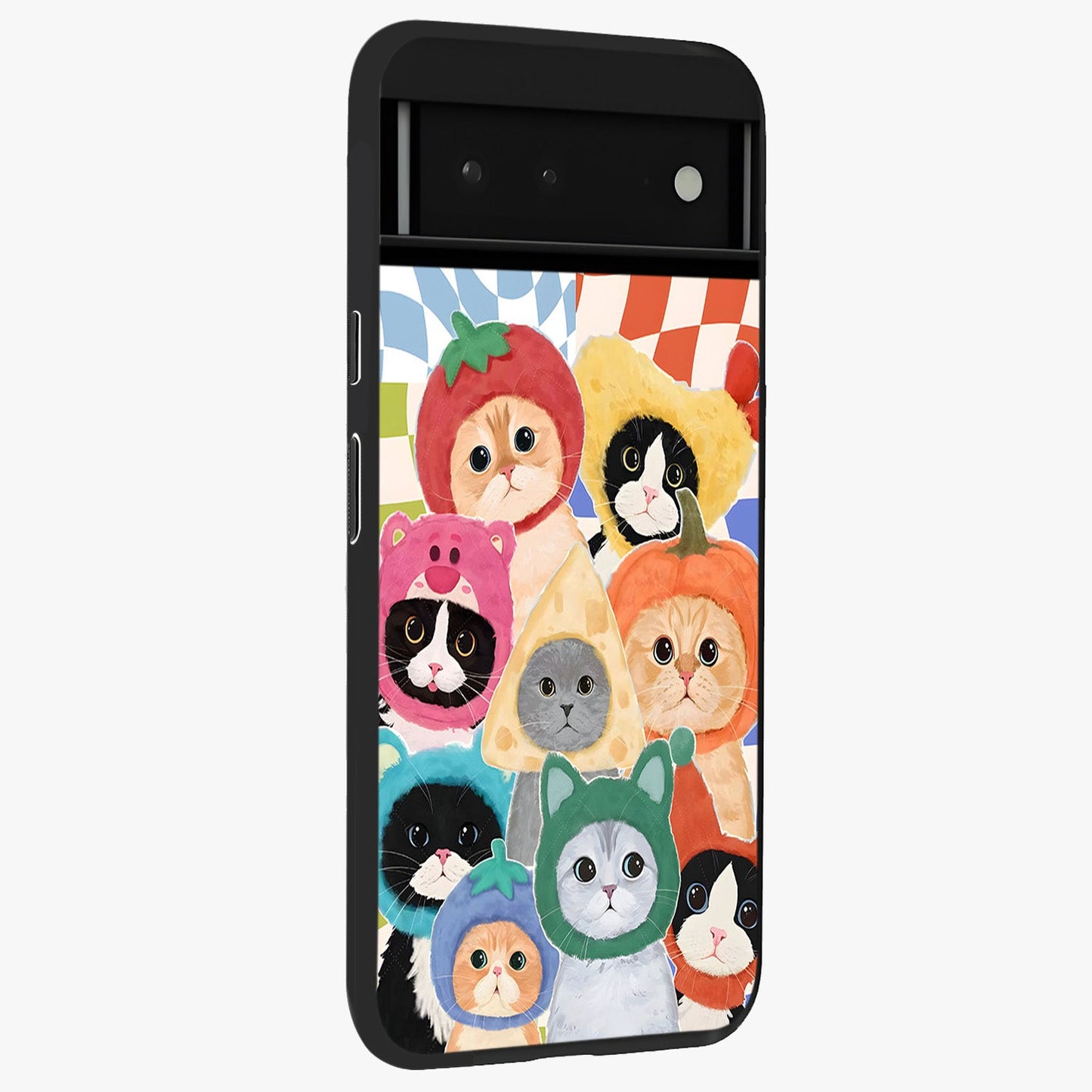 Cats in Fruits Glass Case upright view showcasing charming cat artwork with fun fruity theme.
