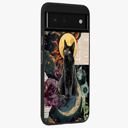 Celestial Black Cat Glass Case upright view showcasing magical black cat illustration with starry cosmic theme.