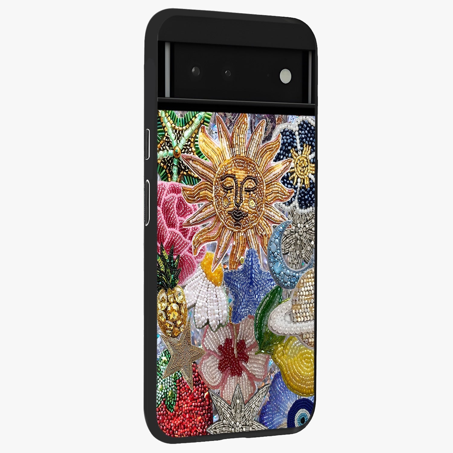 Celestial Floral and Playful Glass Case upright view showcasing whimsical floral artwork with cosmic aesthetic theme.
