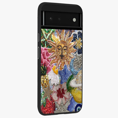 Celestial Floral and Playful Glass Case upright view showcasing whimsical floral artwork with cosmic aesthetic theme.