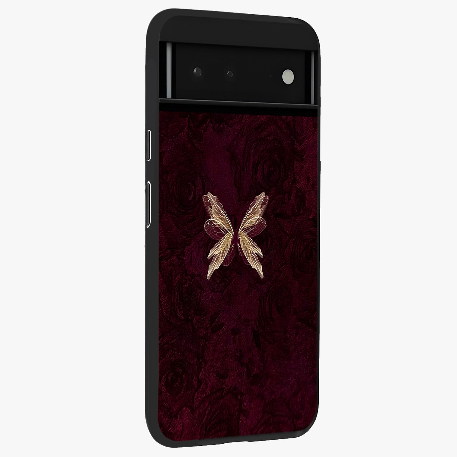 Crimson Fade Butterfly Glass Case upright view showcasing graceful butterfly artwork with soft crimson fade effect.