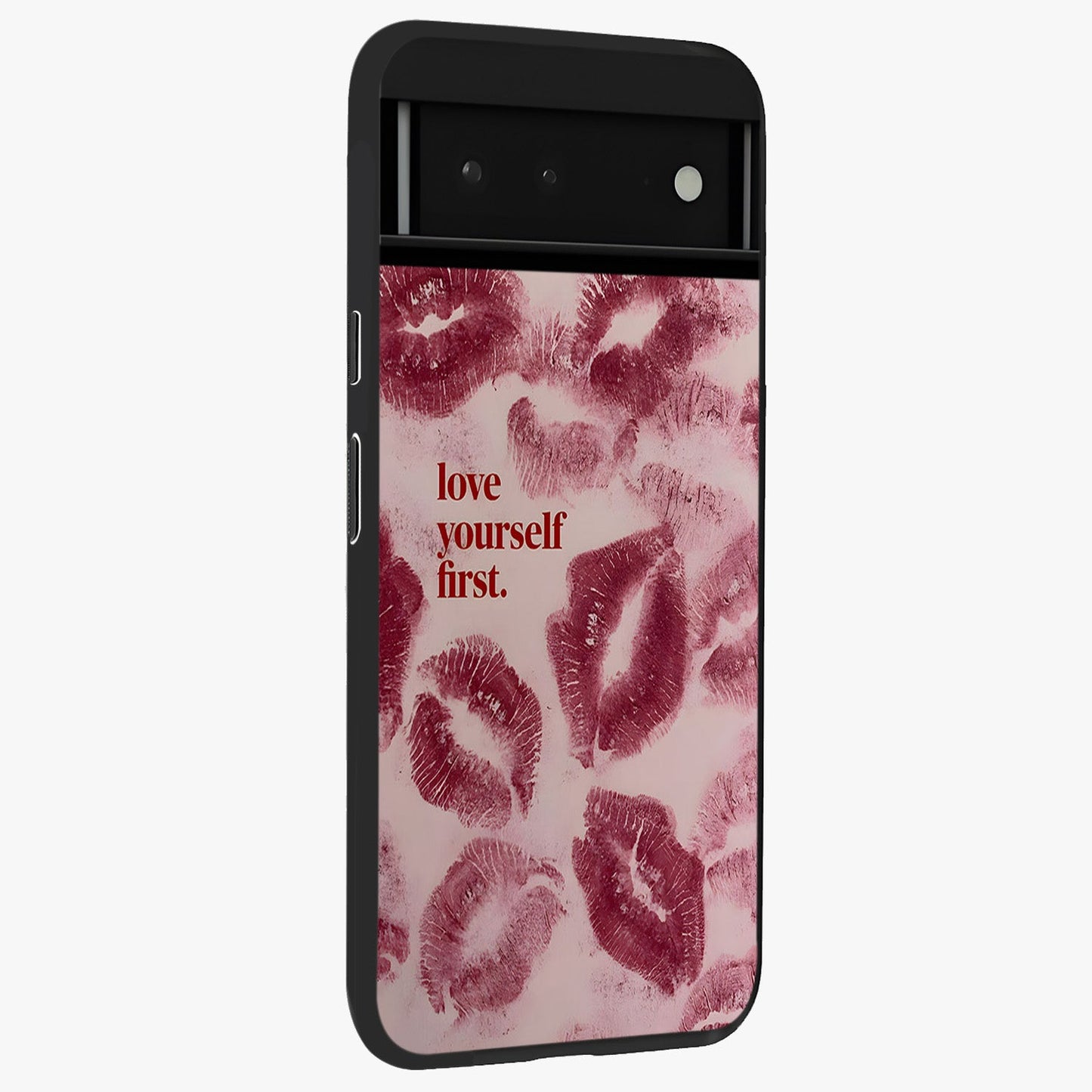 Crimson Kiss Love Glass Case upright view showcasing expressive romantic artwork with deep crimson theme.