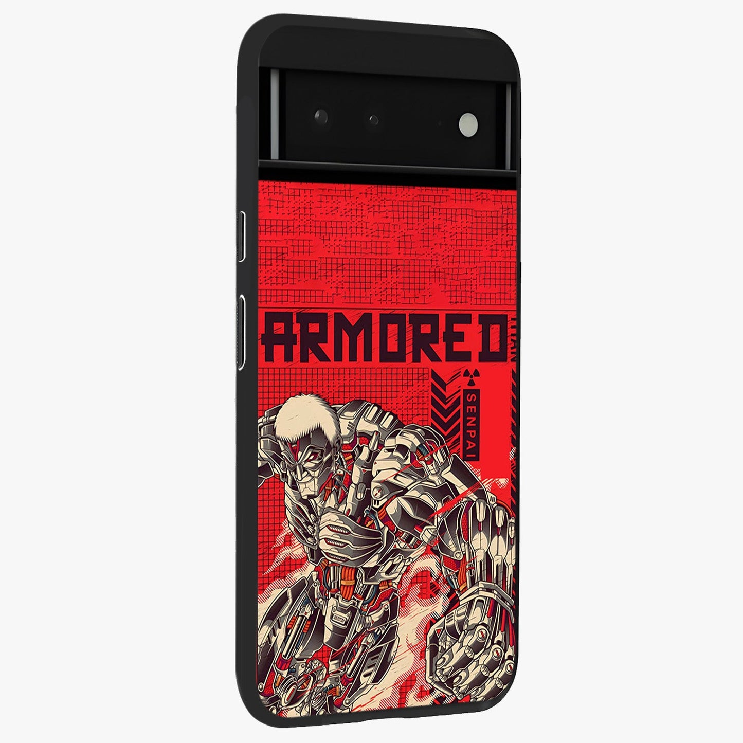 Crimson Mecha Titan Glass Case upright view showcasing dynamic robotic titan design with sci-fi inspired theme.