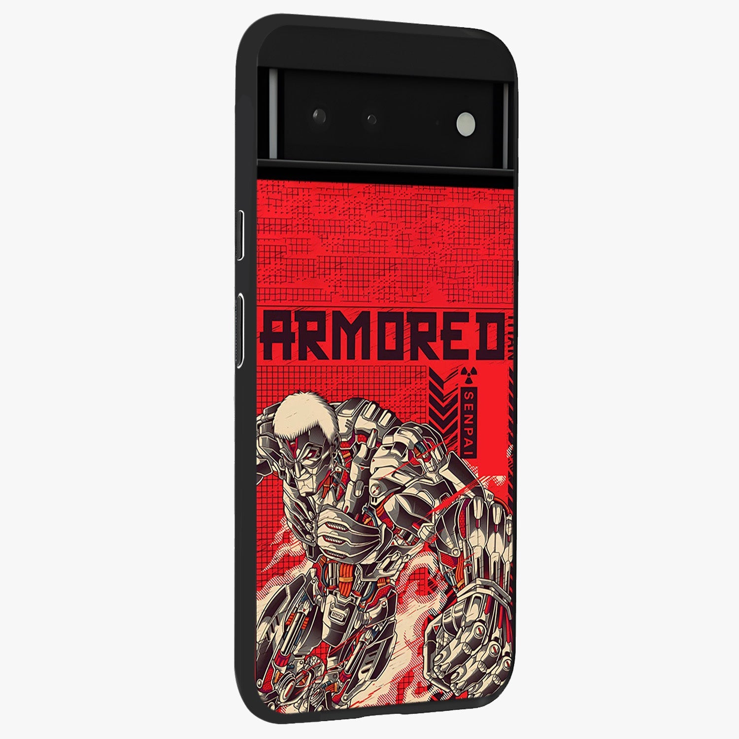 Crimson Mecha Titan Glass Case upright view showcasing dynamic robotic titan design with sci-fi inspired theme.