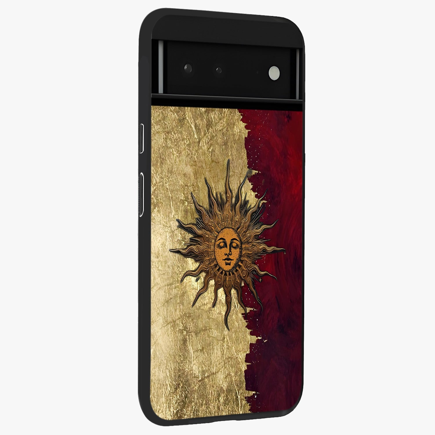 Crimson Sun Majesty Glass Case upright view showcasing vibrant sun artwork with powerful celestial theme.
