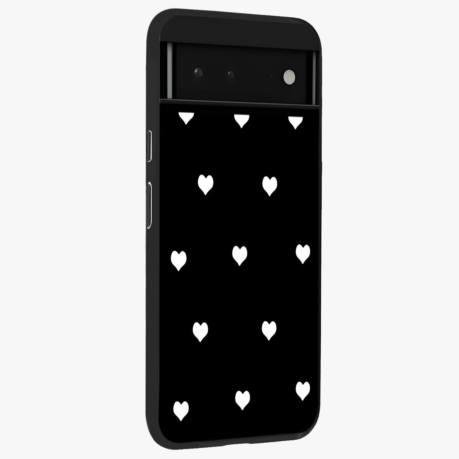 Cute And Simple White Hearts Glass Case upright view showcasing simple white hearts artwork with soft minimal theme.