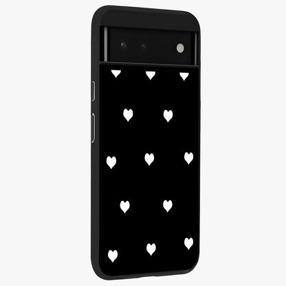 Cute And Simple White Hearts Glass Case upright view showcasing simple white hearts artwork with soft minimal theme.