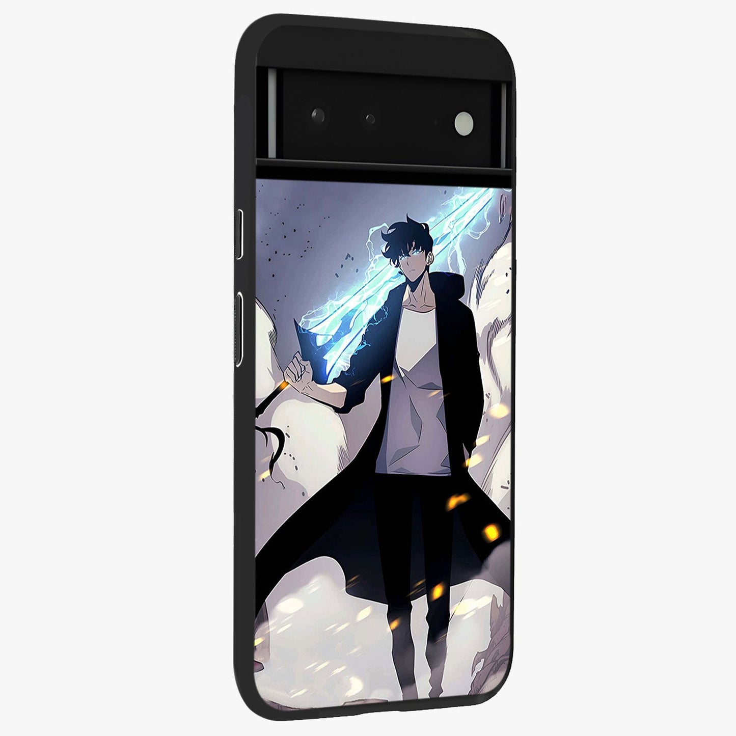 Dark Lightning Anime Warrior Glass Case upright view showcasing dramatic warrior artwork with dark lightning aesthetic.