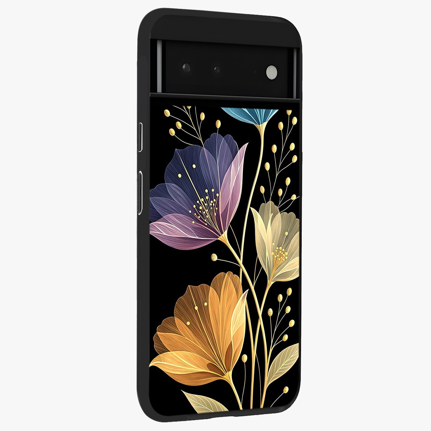 Delicate Multicolor Flowers Glass Case upright view showcasing delicate floral artwork with bright botanical theme.