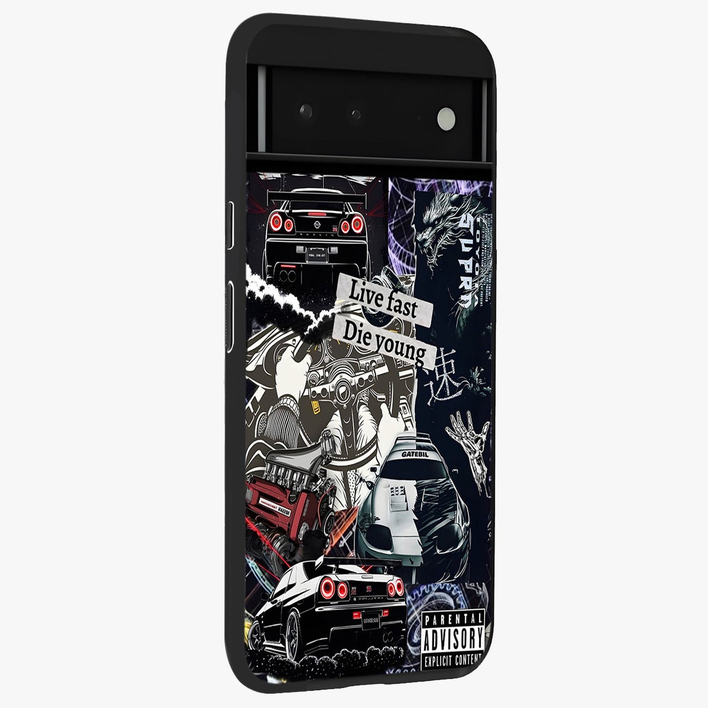 Die Young Glass Case upright view showcasing striking typography artwork with modern statement theme.