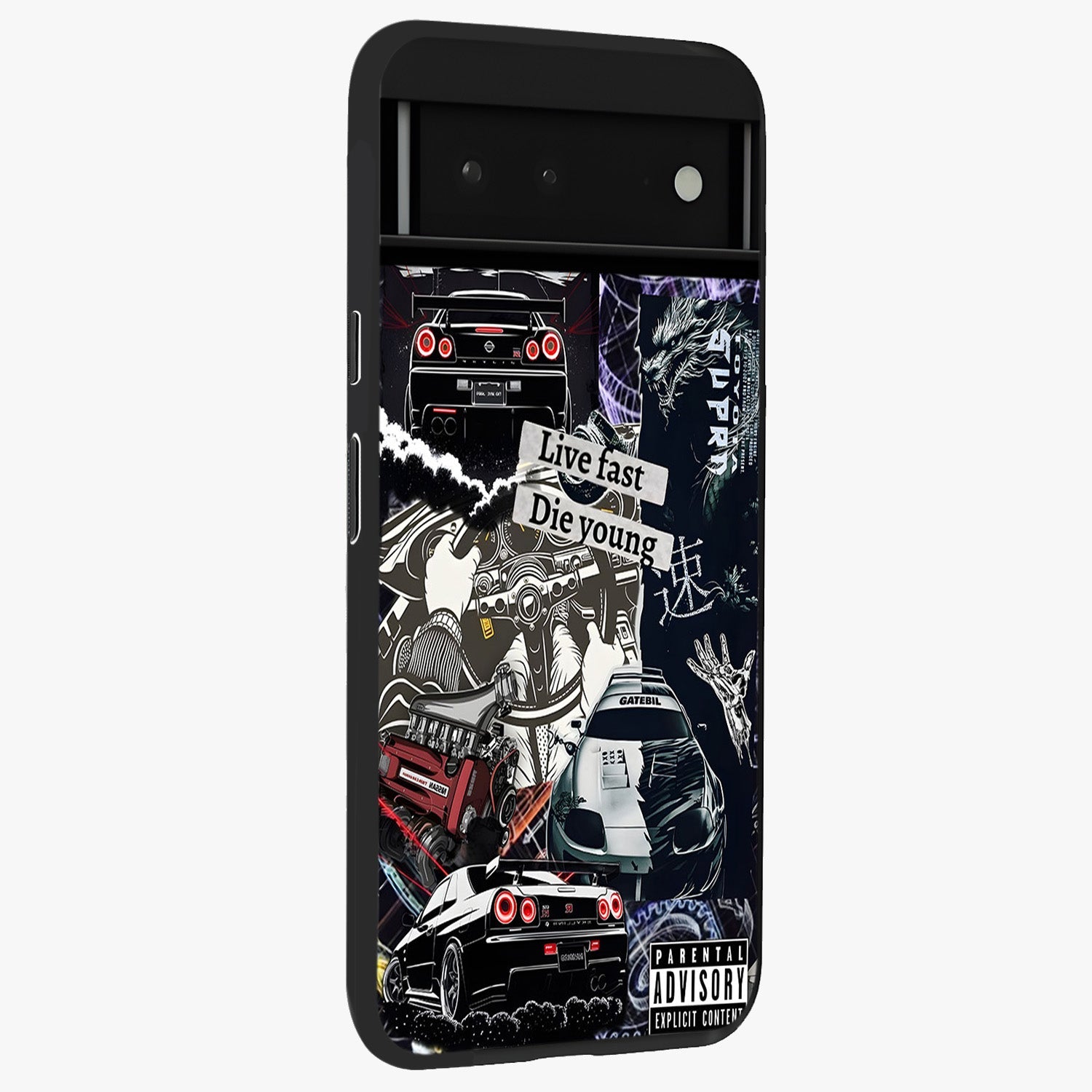 Die Young Glass Case upright view showcasing striking typography artwork with modern statement theme.