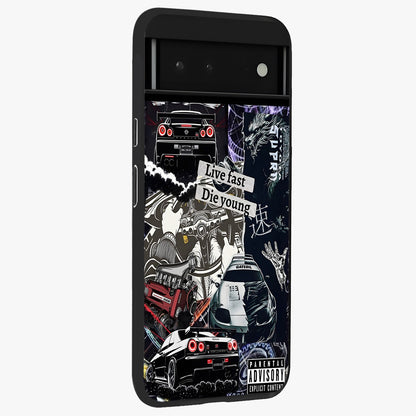 Die Young Glass Case upright view showcasing striking typography artwork with modern statement theme.