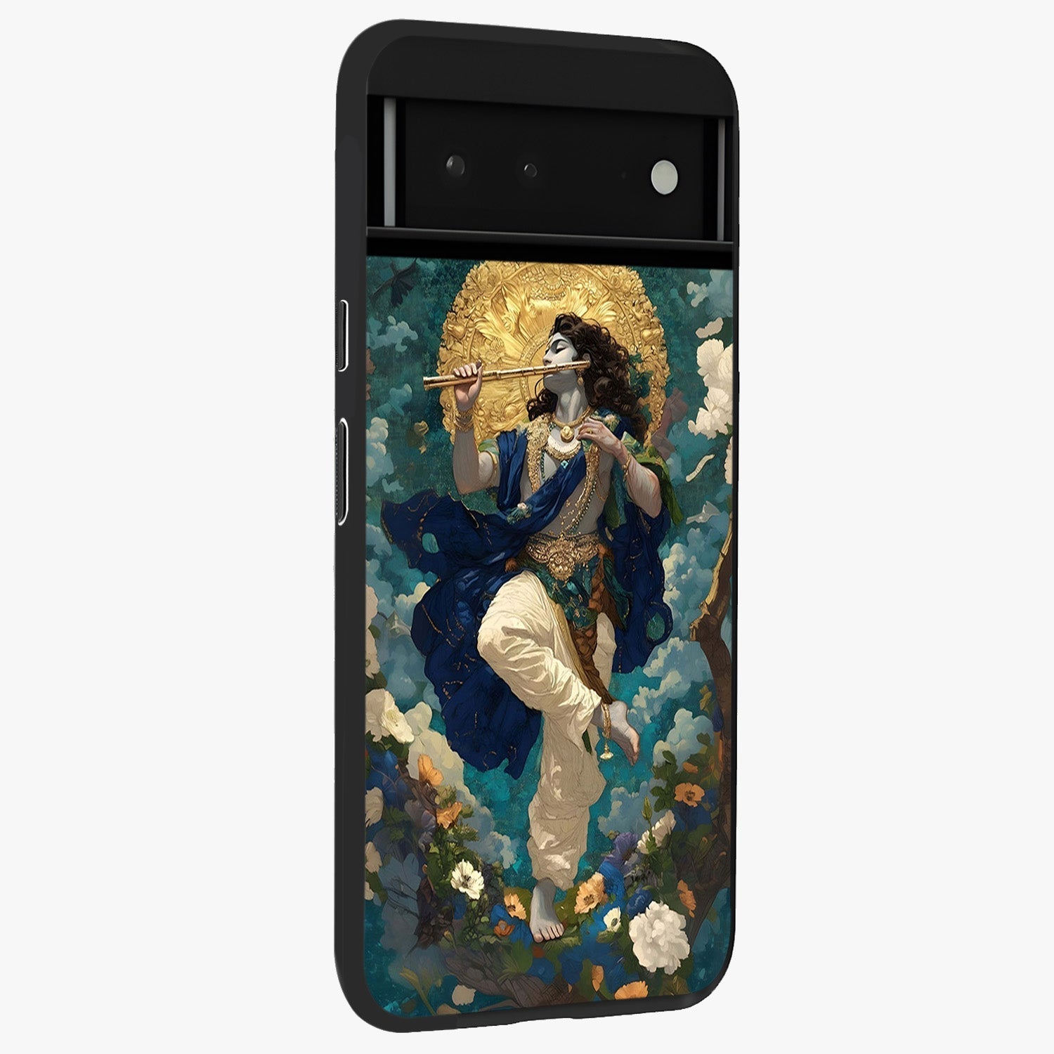 Divine Krishna Art Glass Case upright view showcasing divine Krishna artwork with sacred artistic theme.